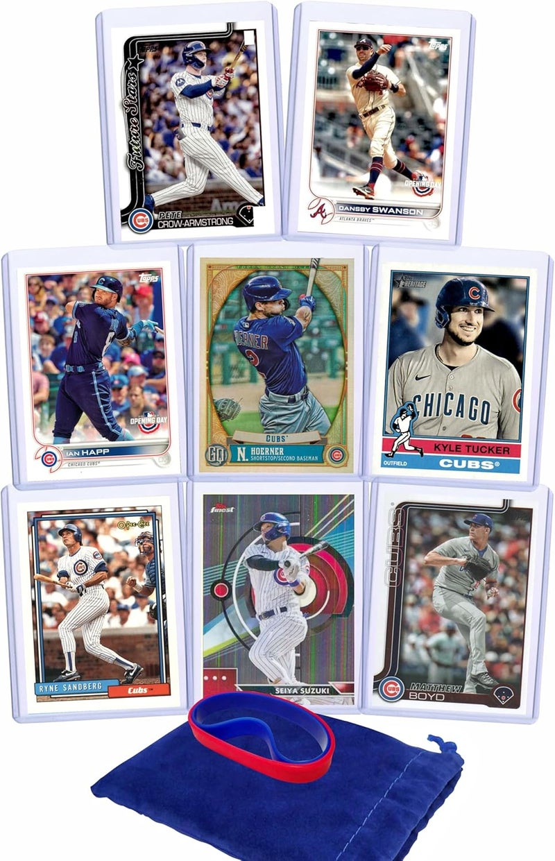 Chaser Chicago Cubs Baseball Cards: Pete Crow-Armstrong, Dansby Swanson, Ian Happ, Nico Hoerner, Kyle Tucker, Ryne Sandberg, Seiya Suzuki, Matthew Boyd ASSORTED Baseball Stars and GOATs Trading Card and Wristbands Gift Pack - Image 1